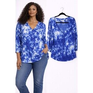 Isaac Mizrahi Blouse Top Size Large Blue Tie Dye Lightweight 3/4 Sleeve